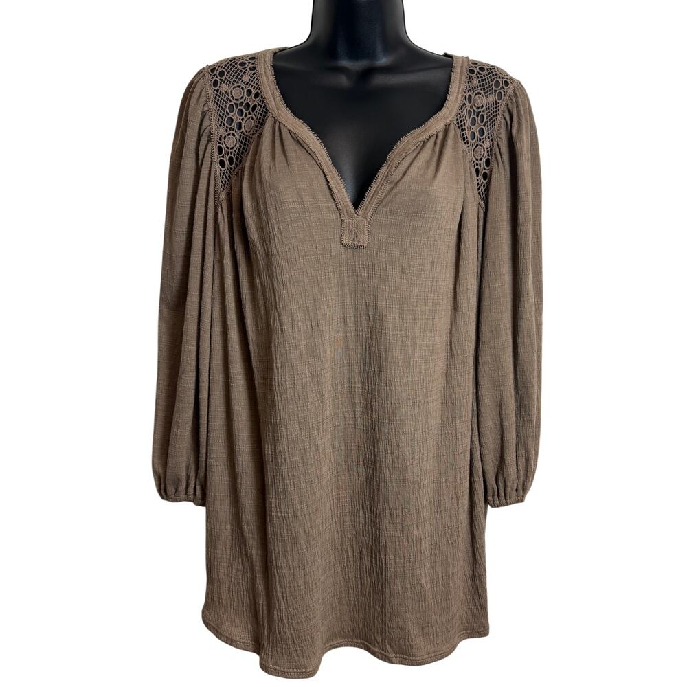 Max Studio Womens Tunic Top Blouse Plus 1X Brown 3/4 Sleeve V-Neck Lace NWT New
